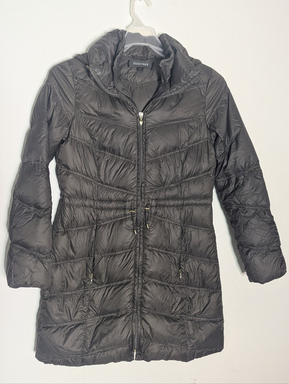 Ellen Tracy Womens Down Long Puffer Coat Quiet Luxury Hooded Full Zip Warm Small